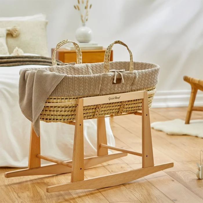 Natural Knitted Moses Basket, Mattress & Rocking Stand Bundle - Truffle